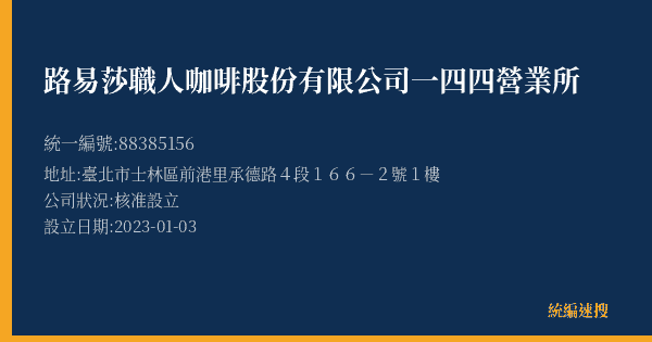 路易莎職人咖啡股份有限公司一四四營業所的照片-統編 88385156(臺北市) 公司登記資料與營業項目詳細圖表