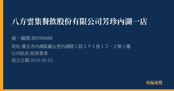 八方雲集餐飲股份有限公司芳珍內湖一店的照片-統編 88390088(臺北市) 公司登記資料與營業項目詳細圖表