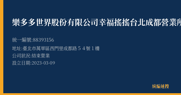 樂多多世界股份有限公司幸福搖搖台北成都營業所的照片-統編 88393156(臺北市) 公司登記資料與營業項目詳細圖表
