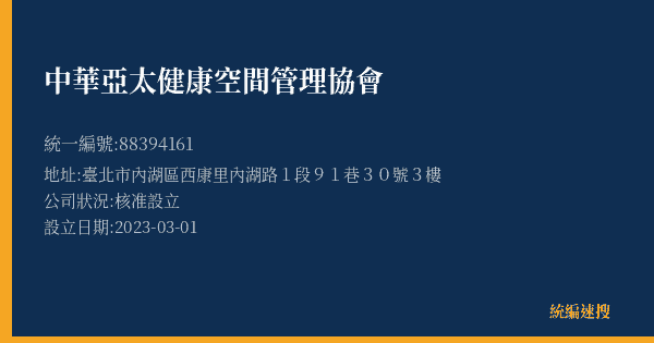 中華亞太健康空間管理協會的照片-統編 88394161(臺北市) 公司登記資料與營業項目詳細圖表