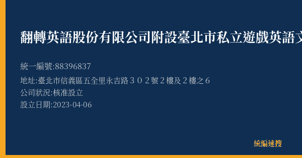 翻轉英語股份有限公司附設臺北市私立遊戲英語文理短期補習班的照片-統編 88396837(臺北市) 公司登記資料與營業項目詳細圖表