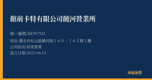 館前卡特有限公司饒河營業所的照片-統編 88397913(臺北市) 公司登記資料與營業項目詳細圖表