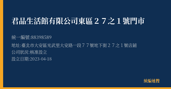 君品生活館有限公司東區27之1號門市的照片-統編 88398589(臺北市) 公司登記資料與營業項目詳細圖表