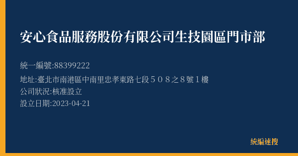 安心食品服務股份有限公司生技園區門市部的照片-統編 88399222(臺北市) 公司登記資料與營業項目詳細圖表