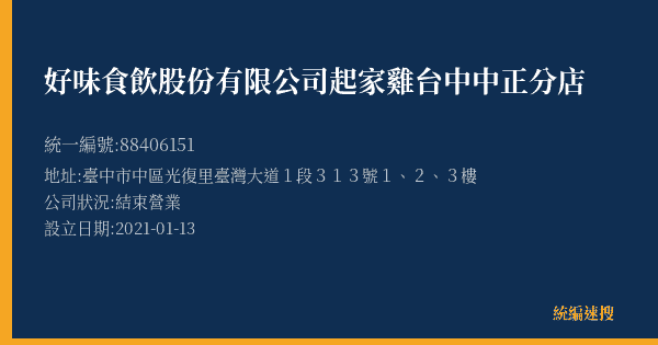 好味食飲股份有限公司起家雞台中中正分店的照片-統編 88406151(臺中市) 公司登記資料與營業項目詳細圖表