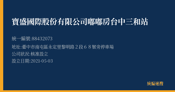 寶盛國際股份有限公司嘟嘟房台中三和站的照片-統編 88432073(臺中市) 公司登記資料與營業項目詳細圖表