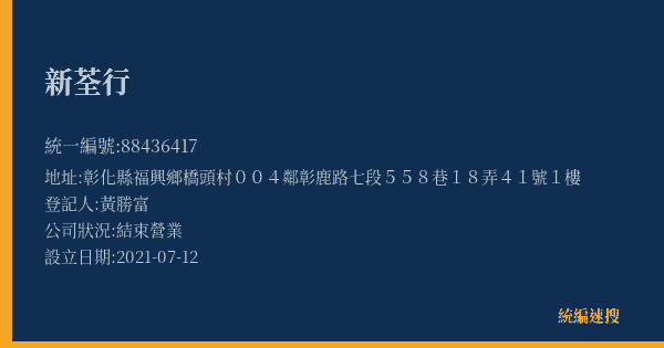 新荃行的照片-統編 88436417(彰化縣) 公司登記資料與營業項目詳細圖表
