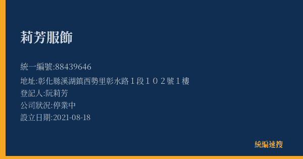 莉芳服飾的照片-統編 88439646(彰化縣) 公司登記資料與營業項目詳細圖表