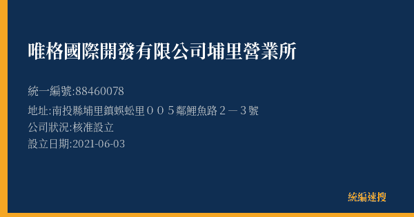 唯格國際開發有限公司埔里營業所的照片-統編 88460078(南投縣) 公司登記資料與營業項目詳細圖表