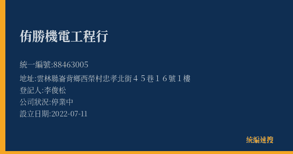 侑勝機電工程行的照片-統編 88463005(雲林縣) 公司登記資料與營業項目詳細圖表
