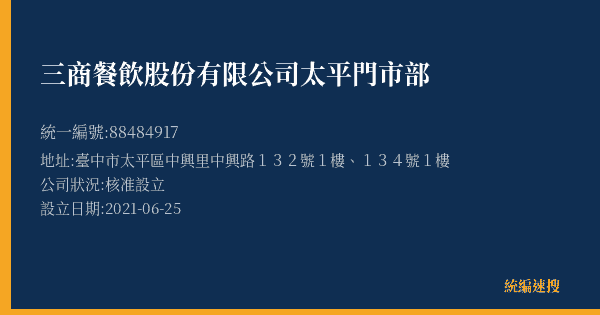 三商餐飲股份有限公司太平門市部的照片-統編 88484917(臺中市) 公司登記資料與營業項目詳細圖表