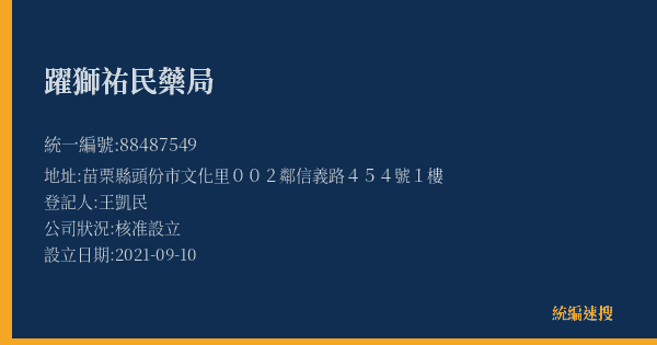 躍獅祐民藥局的照片-統編 88487549(苗栗縣) 公司登記資料與營業項目詳細圖表
