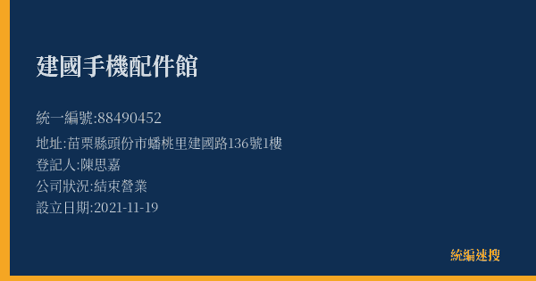 建國手機配件館的照片-統編 88490452(苗栗縣) 公司登記資料與營業項目詳細圖表