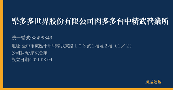 樂多多世界股份有限公司肉多多台中精武營業所的照片-統編 88499849(臺中市) 公司登記資料與營業項目詳細圖表