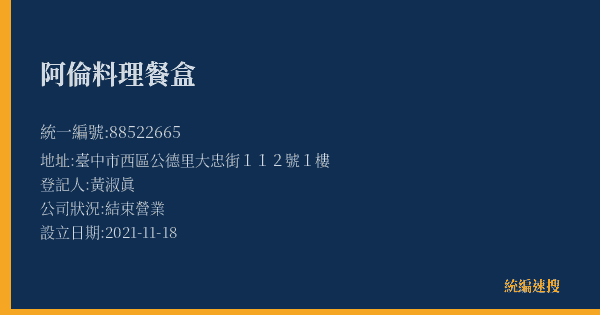 阿倫料理餐盒的照片-統編 88522665(臺中市) 公司登記資料與營業項目詳細圖表