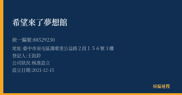希望來了夢想館的照片-統編 88529230(臺中市) 公司登記資料與營業項目詳細圖表