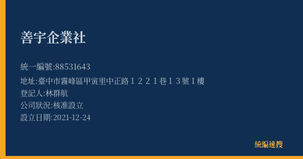 善宇企業社的照片-統編 88531643(臺中市) 公司登記資料與營業項目詳細圖表