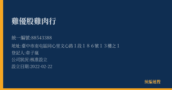 雞優股雞肉行的照片-統編 88543388(臺中市) 公司登記資料與營業項目詳細圖表