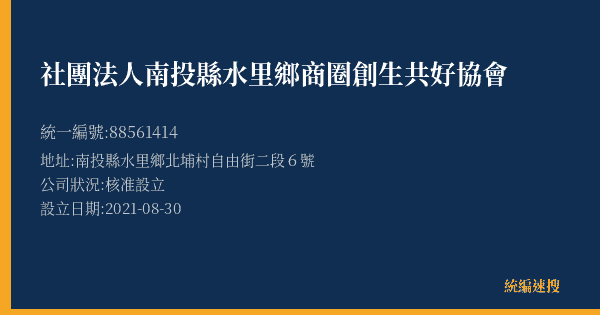 社團法人南投縣水里鄉商圈創生共好協會的照片-統編 88561414(南投縣) 公司登記資料與營業項目詳細圖表