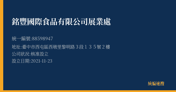 銘豐國際食品有限公司展業處的照片-統編 88598947(臺中市) 公司登記資料與營業項目詳細圖表