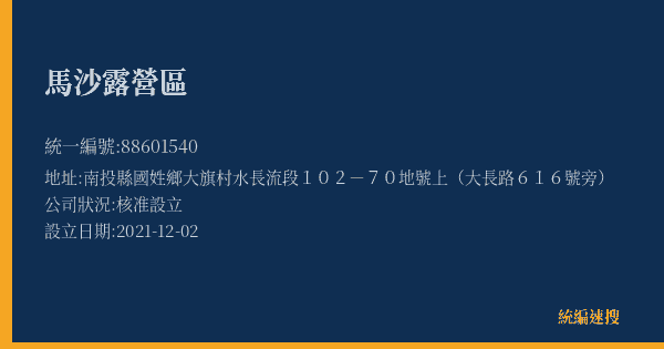 馬沙露營區的照片-統編 88601540(南投縣) 公司登記資料與營業項目詳細圖表