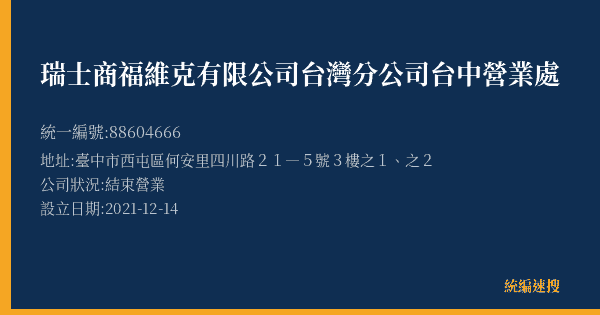 瑞士商福維克有限公司台灣分公司台中營業處的照片-統編 88604666(臺中市) 公司登記資料與營業項目詳細圖表
