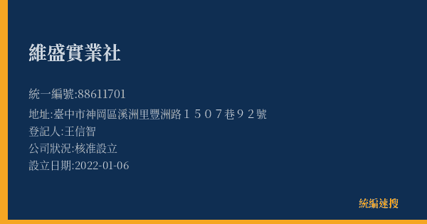 維盛實業社的照片-統編 88611701(臺中市) 公司登記資料與營業項目詳細圖表