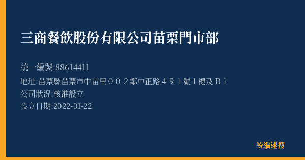 三商餐飲股份有限公司苗栗門市部的照片-統編 88614411(苗栗縣) 公司登記資料與營業項目詳細圖表