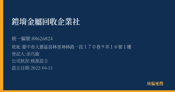 鎧堉金屬回收企業社的照片-統編 88626824(臺中市) 公司登記資料與營業項目詳細圖表