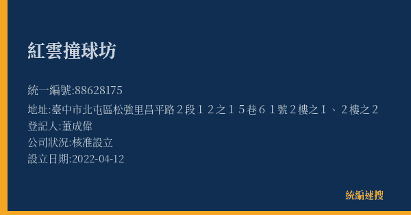 紅雲撞球坊的照片-統編 88628175(臺中市) 公司登記資料與營業項目詳細圖表