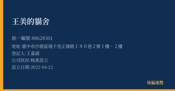王美的貓舍的照片-統編 88628301(臺中市) 公司登記資料與營業項目詳細圖表