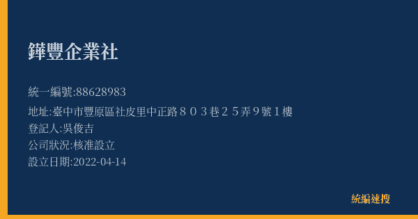 鏵豐企業社的照片-統編 88628983(臺中市) 公司登記資料與營業項目詳細圖表