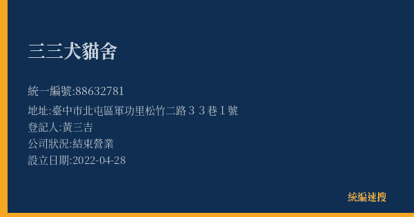 三三犬貓舍的照片-統編 88632781(臺中市) 公司登記資料與營業項目詳細圖表