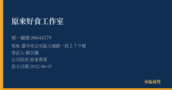 原來好食工作室的照片-統編 88641579(臺中市) 公司登記資料與營業項目詳細圖表