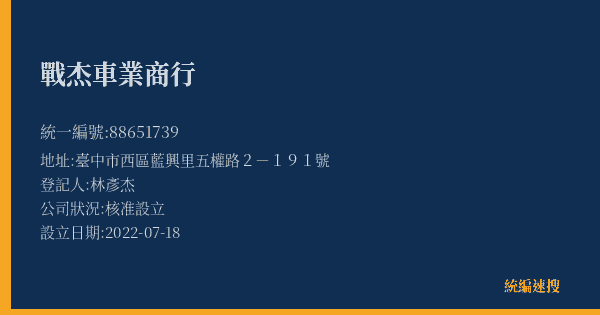 戰杰車業商行的照片-統編 88651739(臺中市) 公司登記資料與營業項目詳細圖表