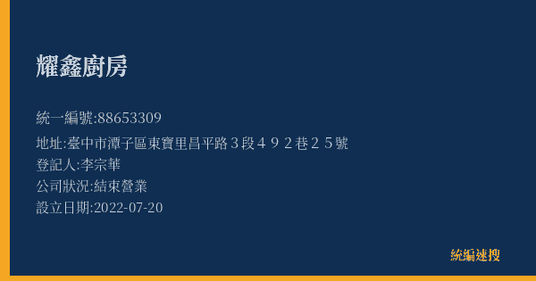 耀鑫廚房的照片-統編 88653309(臺中市) 公司登記資料與營業項目詳細圖表