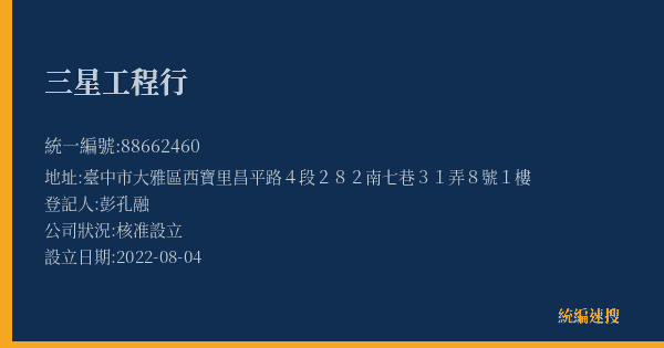 三星工程行的照片-統編 88662460(臺中市) 公司登記資料與營業項目詳細圖表
