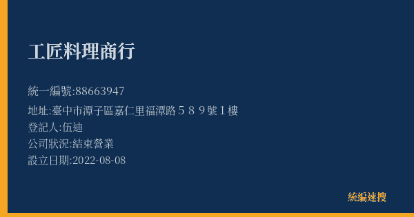 工匠料理商行的照片-統編 88663947(臺中市) 公司登記資料與營業項目詳細圖表