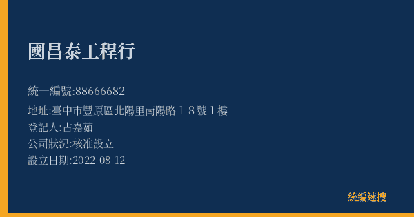 國昌泰工程行的照片-統編 88666682(臺中市) 公司登記資料與營業項目詳細圖表