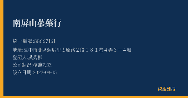南屏山蔘藥行的照片-統編 88667161(臺中市) 公司登記資料與營業項目詳細圖表