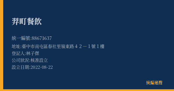 羿町餐飲的照片-統編 88671637(臺中市) 公司登記資料與營業項目詳細圖表