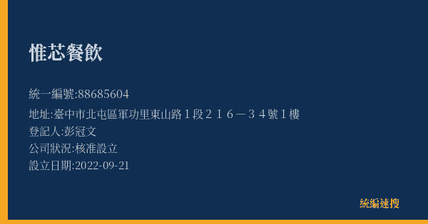 惟芯餐飲的照片-統編 88685604(臺中市) 公司登記資料與營業項目詳細圖表