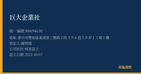 巨大企業社的照片-統編 88694630(臺中市) 公司登記資料與營業項目詳細圖表