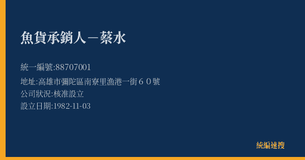 魚貨承銷人-蔡水的照片-統編 88707001(高雄市) 公司登記資料與營業項目詳細圖表