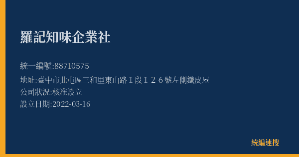 羅記知味企業社的照片-統編 88710575(臺中市) 公司登記資料與營業項目詳細圖表