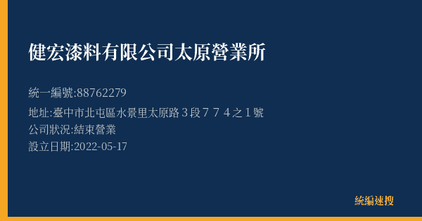 健宏漆料有限公司太原營業所的照片-統編 88762279(臺中市) 公司登記資料與營業項目詳細圖表