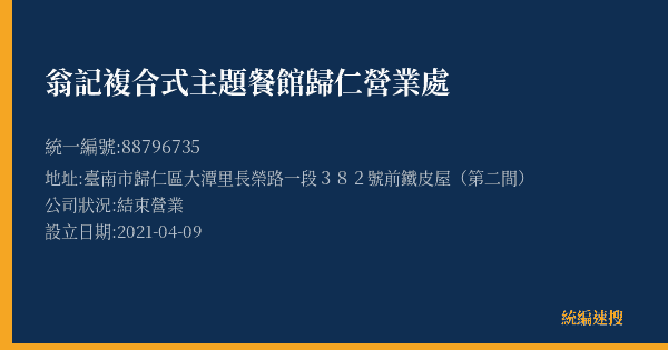 翁記複合式主題餐館歸仁營業處的照片-統編 88796735(臺南市) 公司登記資料與營業項目詳細圖表