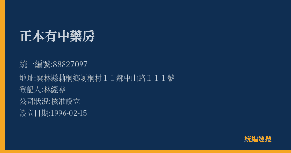正本有中藥房的照片-統編 88827097(雲林縣) 公司登記資料與營業項目詳細圖表