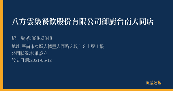 八方雲集餐飲股份有限公司御廚台南大同店的照片-統編 88862848(臺南市) 公司登記資料與營業項目詳細圖表