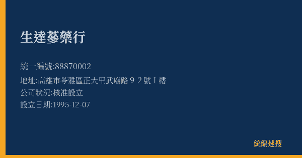 生達蔘藥行的照片-統編 88870002(高雄市) 公司登記資料與營業項目詳細圖表